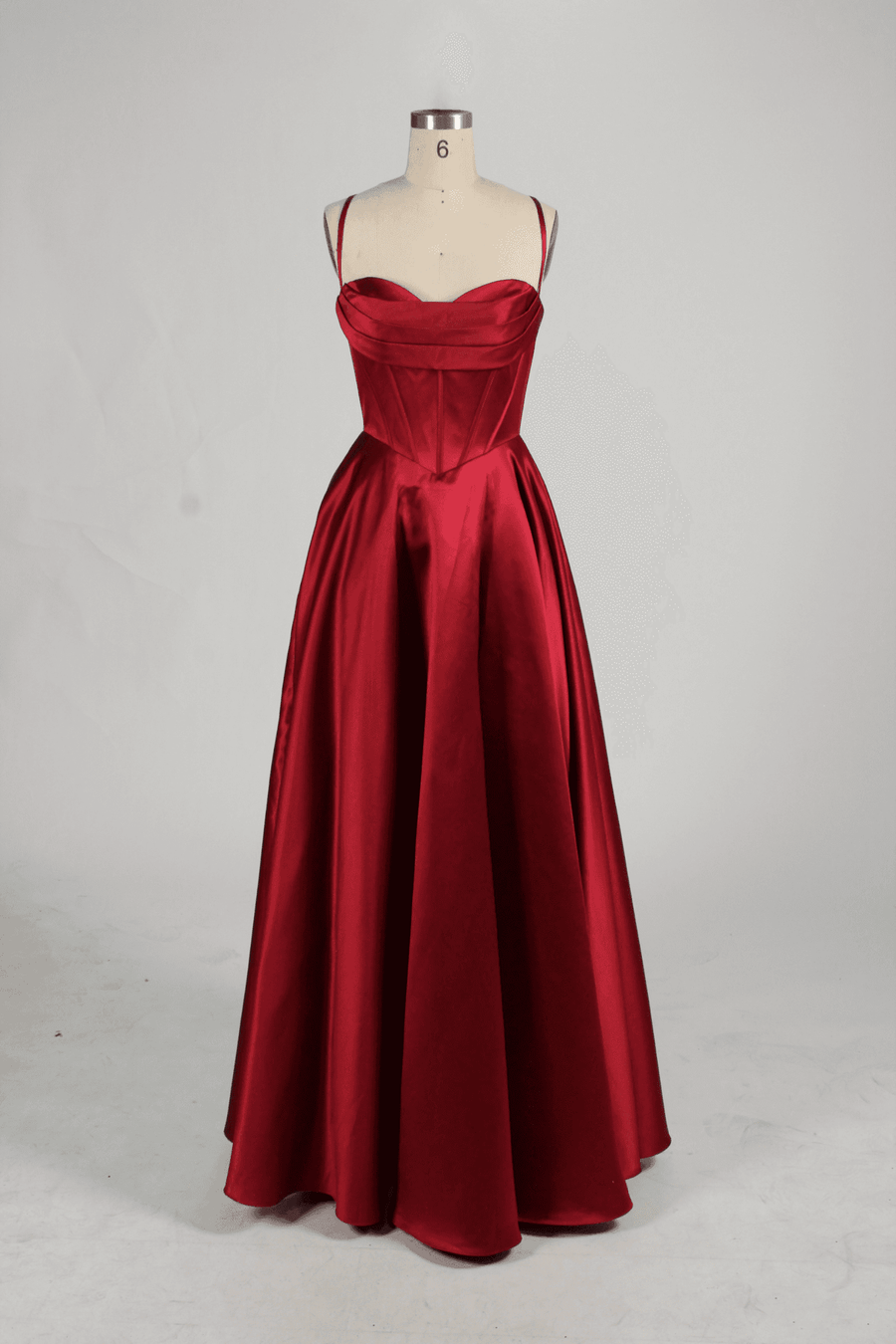 Keira Wine Satin Ballgown with corset bodice, lace-up back, and thigh-high leg slit. Elegant evening dress perfect for prom or formal occasions.