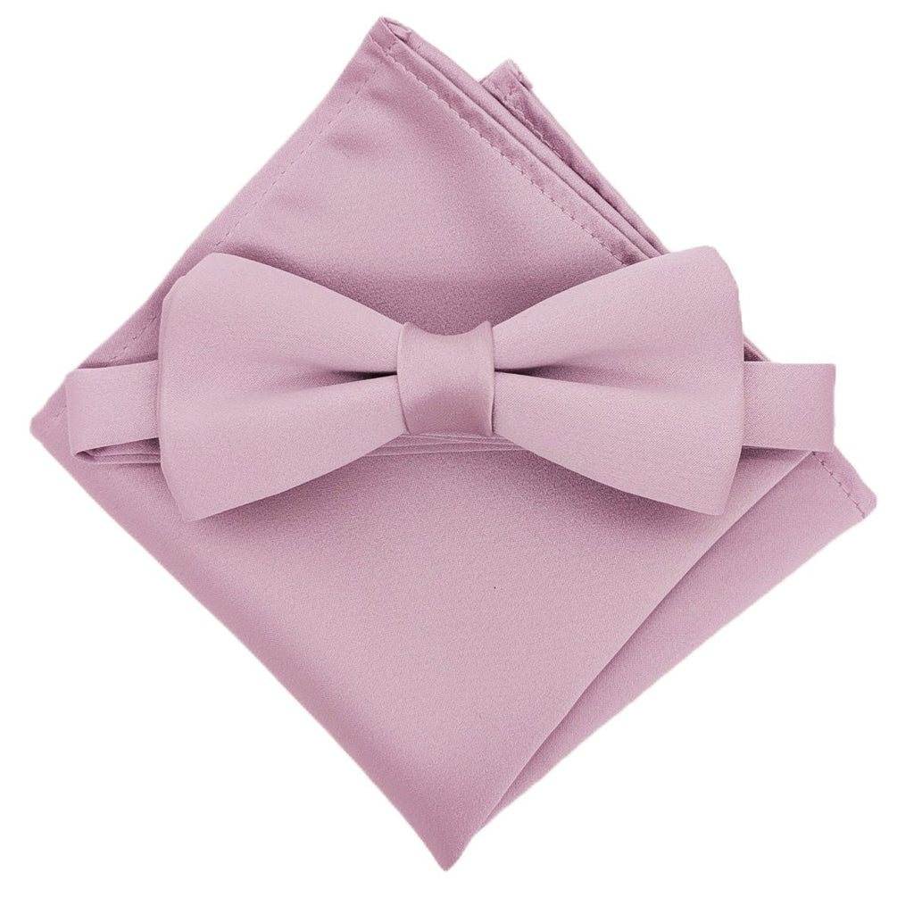 Lavender Frost Bow Tie displayed with matching pocket square, perfect for groomsmen or wedding guests. Coordinated wedding accessory set.