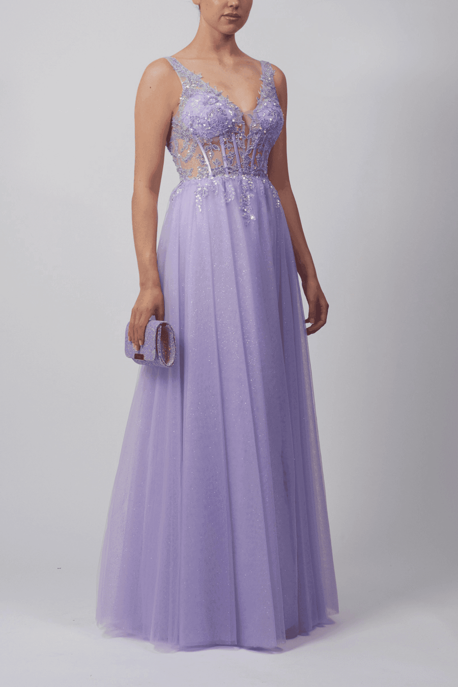 Mascara London Prom Dress MC113117 in lilac tulle with beaded corset bodice and full skirt, perfect for prom or formal occasions.