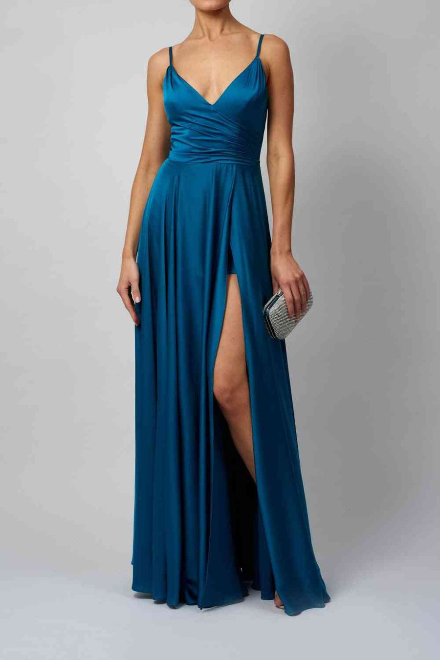 Mascara MC220123 Satin Prom Dress in teal with pleated bodice, high leg split, and fitted underskirt. Available in UK sizes 4-18.