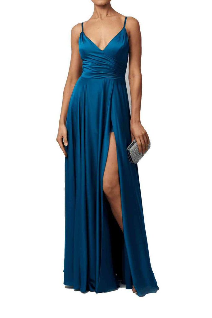 Mascara MC220123 satin prom dress in teal with pleated bodice, high leg split, and fitted underskirt. Available in UK sizes 4-18.