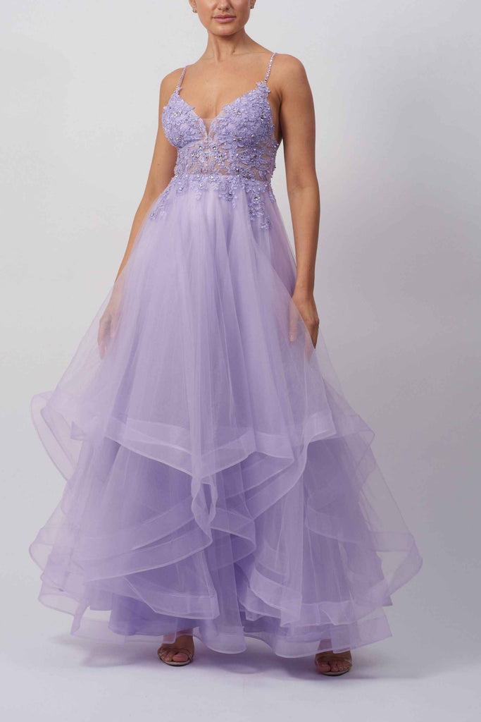 Lavender Mascara MC110117 prom ballgown with embellished lace bodice, sparkle straps, and layered tulle skirt. A dreamy dress for prom or balls.