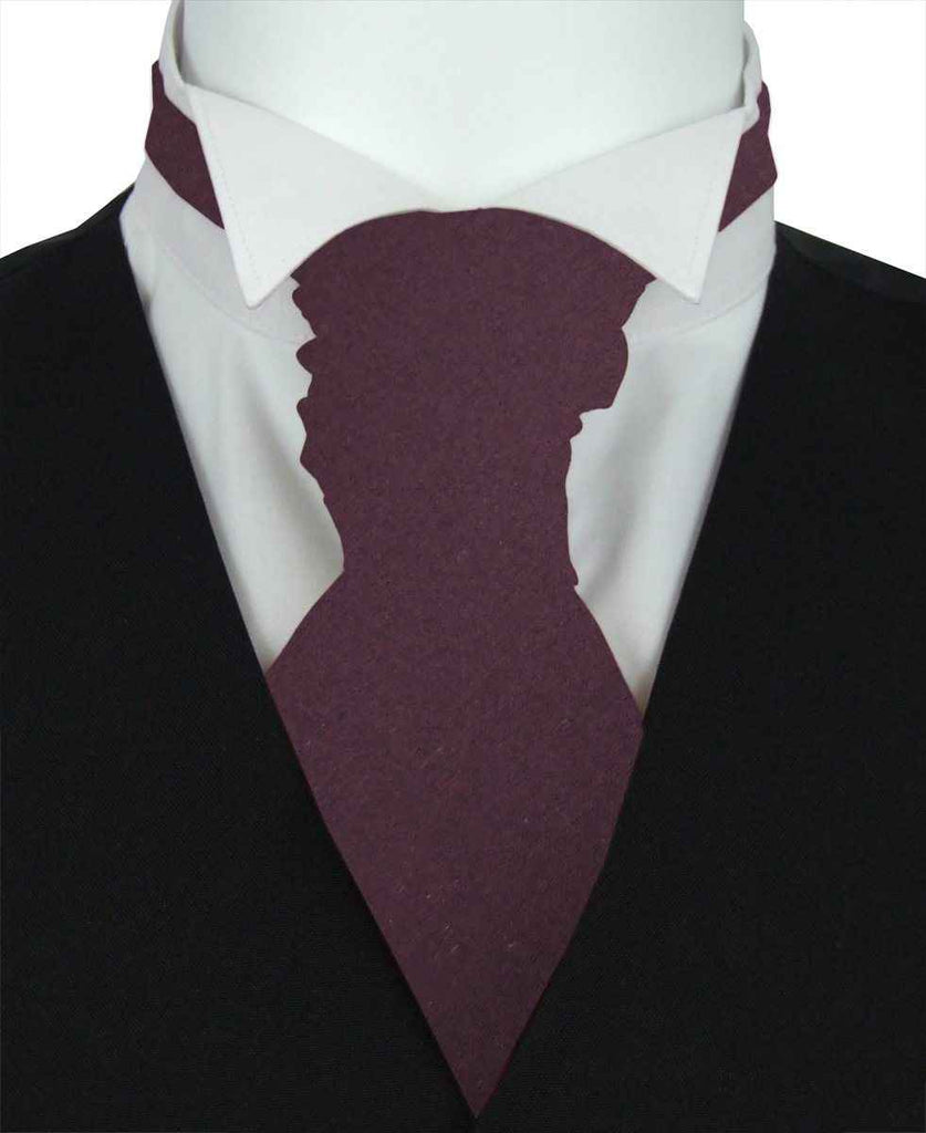 Boys wedding cravat in rich plum color, styled with a white shirt and black vest. Adjustable one-size fit for ages 5-12, ideal for formal events.