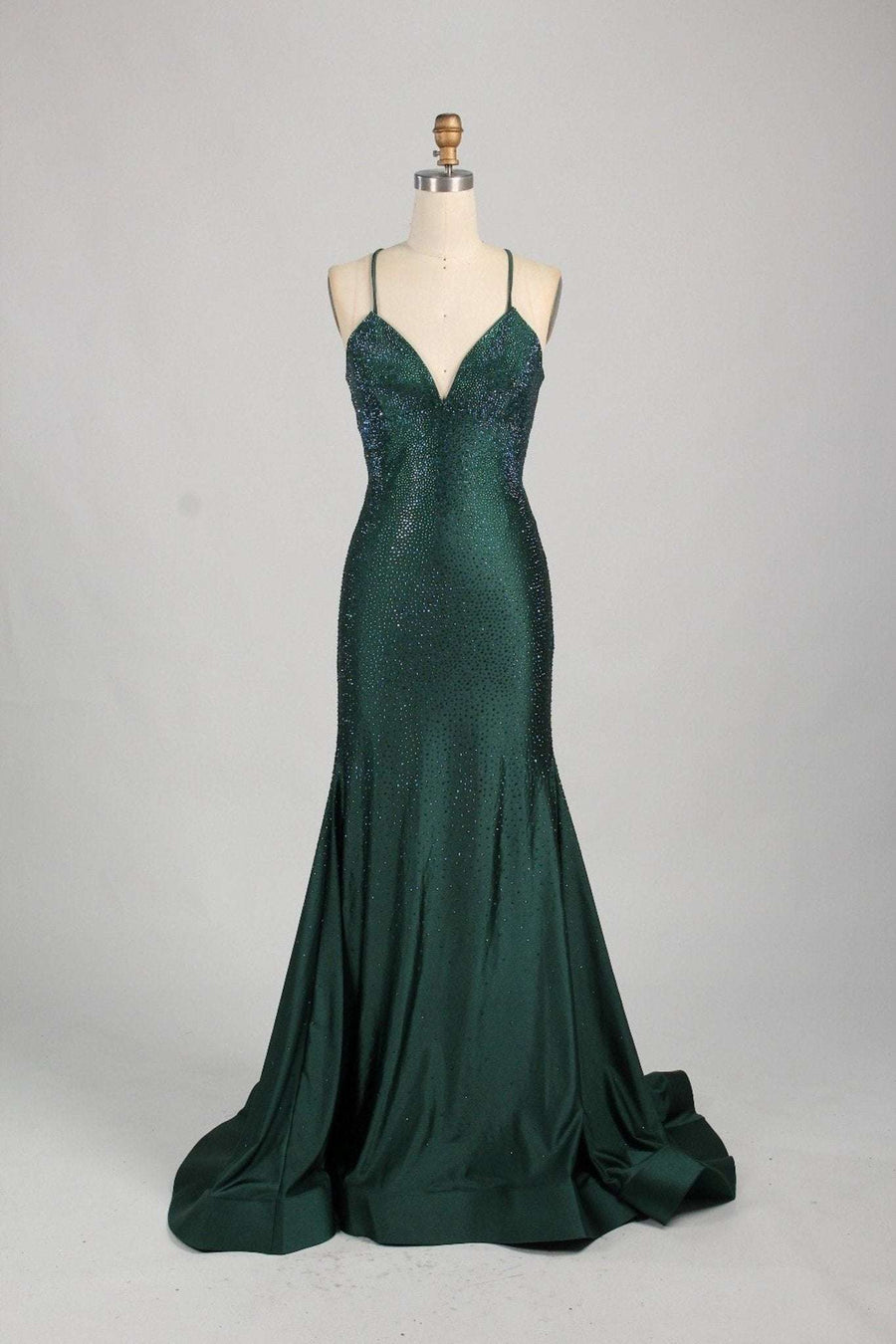 long evening dress in green with rhinestones