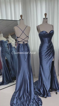 Ella Evening Dress - Dusty Blue with corset bodice, lace-up back, thigh-high split, and draped satin finish on mannequins. Ideal for prom or formal events.