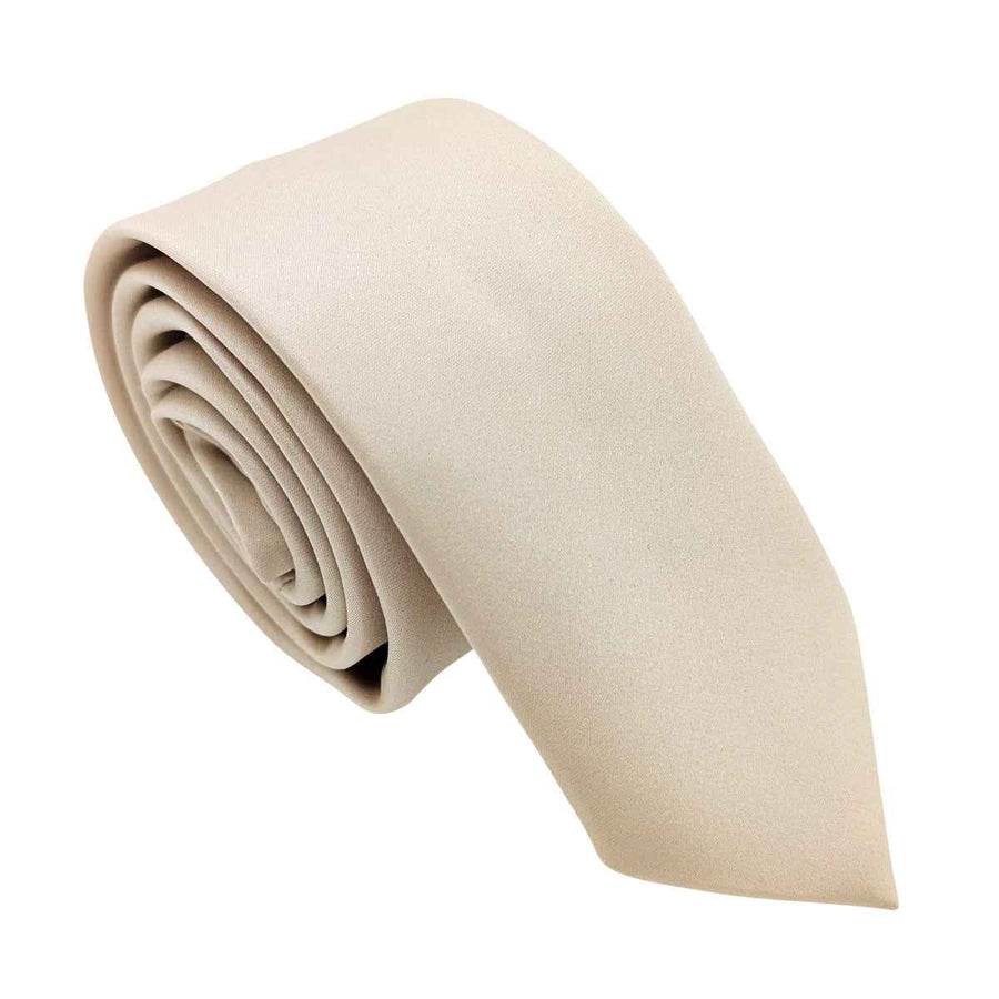 Rolled champagne boys tie in smooth polyester, suitable for ages 5-12. Elegant accessory for weddings and special occasions.