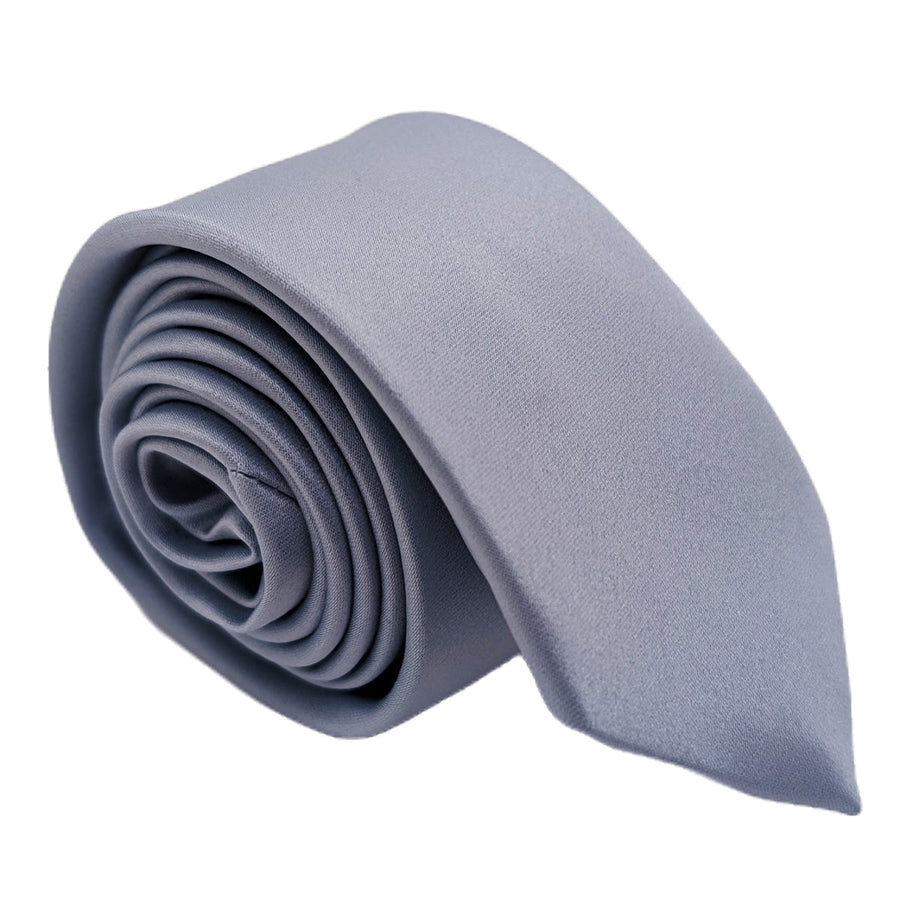 Handmade Smokey Blue Wedding Tie rolled tightly, highlighting its sleek finish and elegant design for weddings and special occasions.
