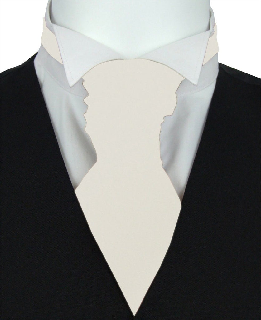 Snowdrop Ivory Cravat Tie - Wedding Set displayed on a mannequin with white shirt and black vest, ideal for grooms and formal events.