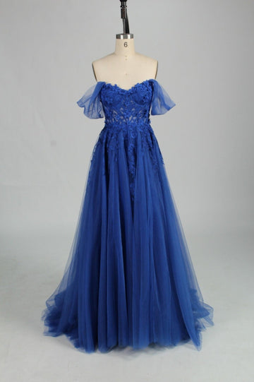Royal Blue YLONA Corset Dress with lace bodice, 3D floral appliqués, and detachable tulle shoulder straps, ideal for prom or evening events.