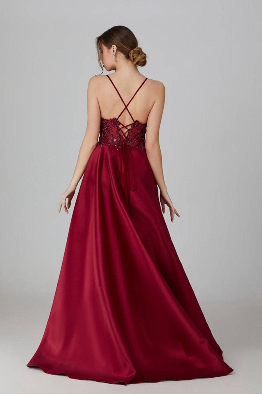 Back view of Wine KATE Dress with embellished lace-up corset top and full taffeta skirt, perfect for prom or evening events.