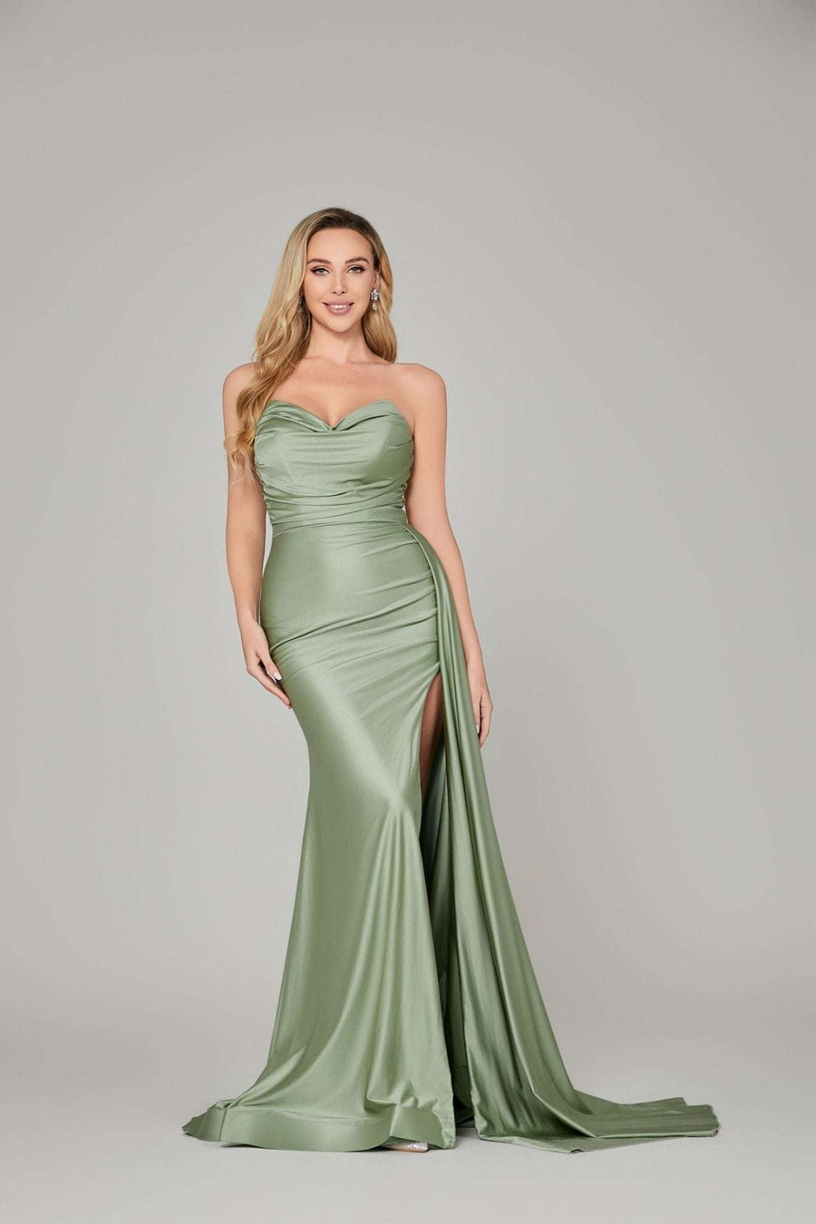 Sienna strapless satin corset dress in with ruched bodice and thigh-high slit, ideal for evening wear or red carpet events.