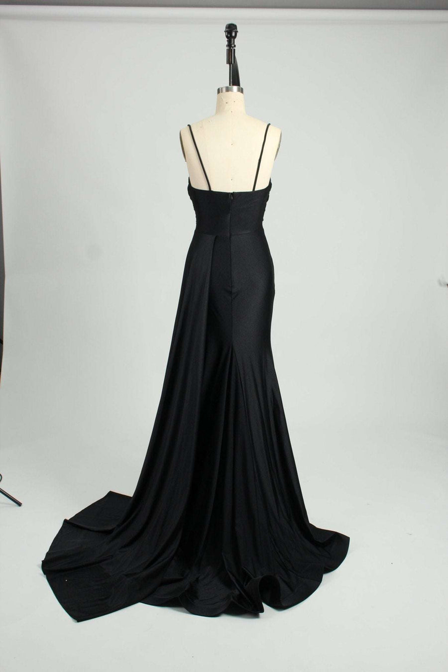 Back view of Black Strapless Satin Corset Dress - Evening Wear | Sienna, featuring a long flowing train and fitted silhouette on mannequin.