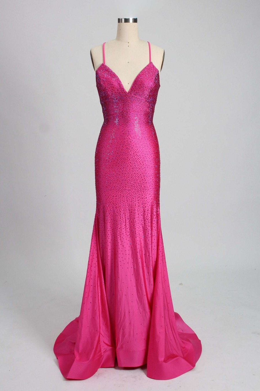 hot pink rhinestone satin evening dress