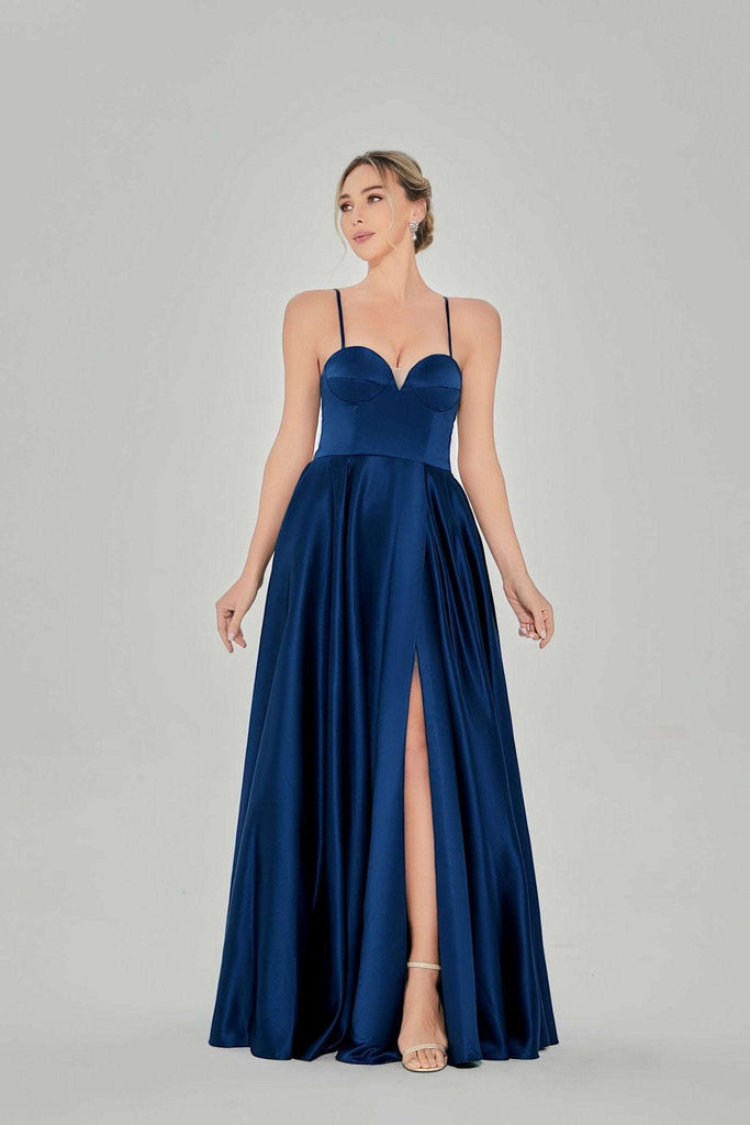 front of Navy satin ballgown with leg slit