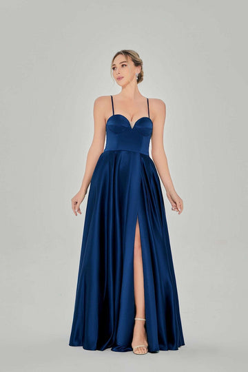 front of Navy satin ballgown with leg slit
