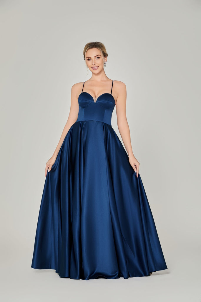 Front of navy satin ballgown