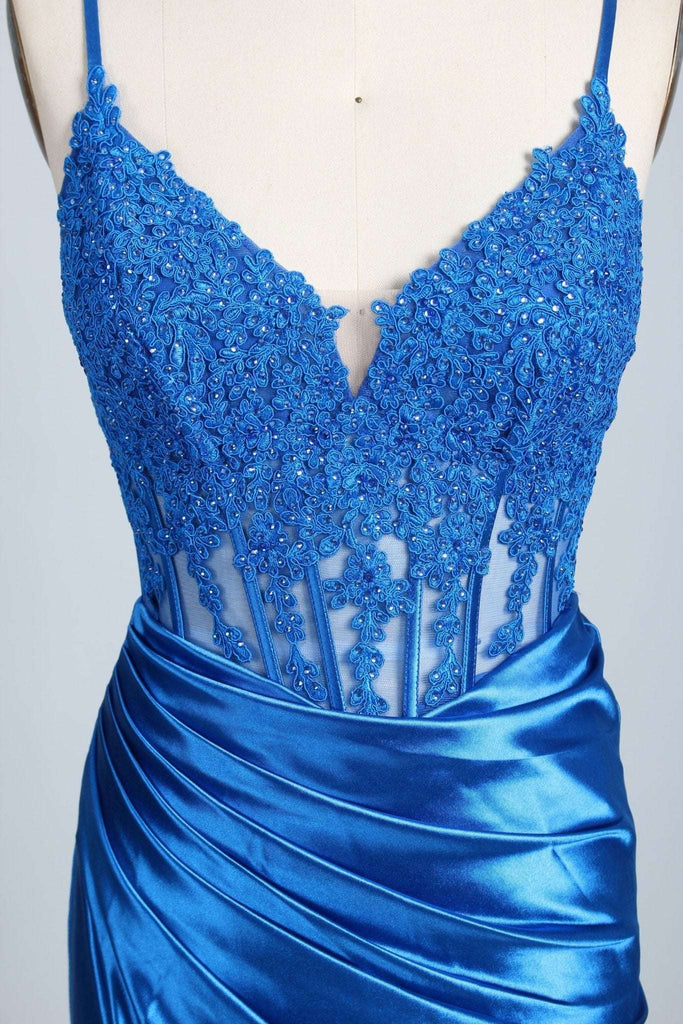 Blake Prom Dress in royal blue satin features a corset bodice with floral embroidery and mesh detailing, perfect for prom or red carpet events.