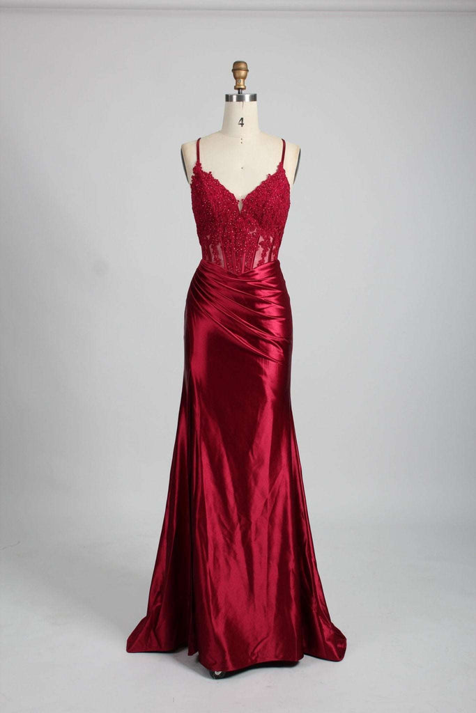 Wine Satin embroidered corset bodice prom dress, front
