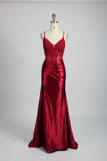 Wine Satin embroidered corset bodice prom dress, front