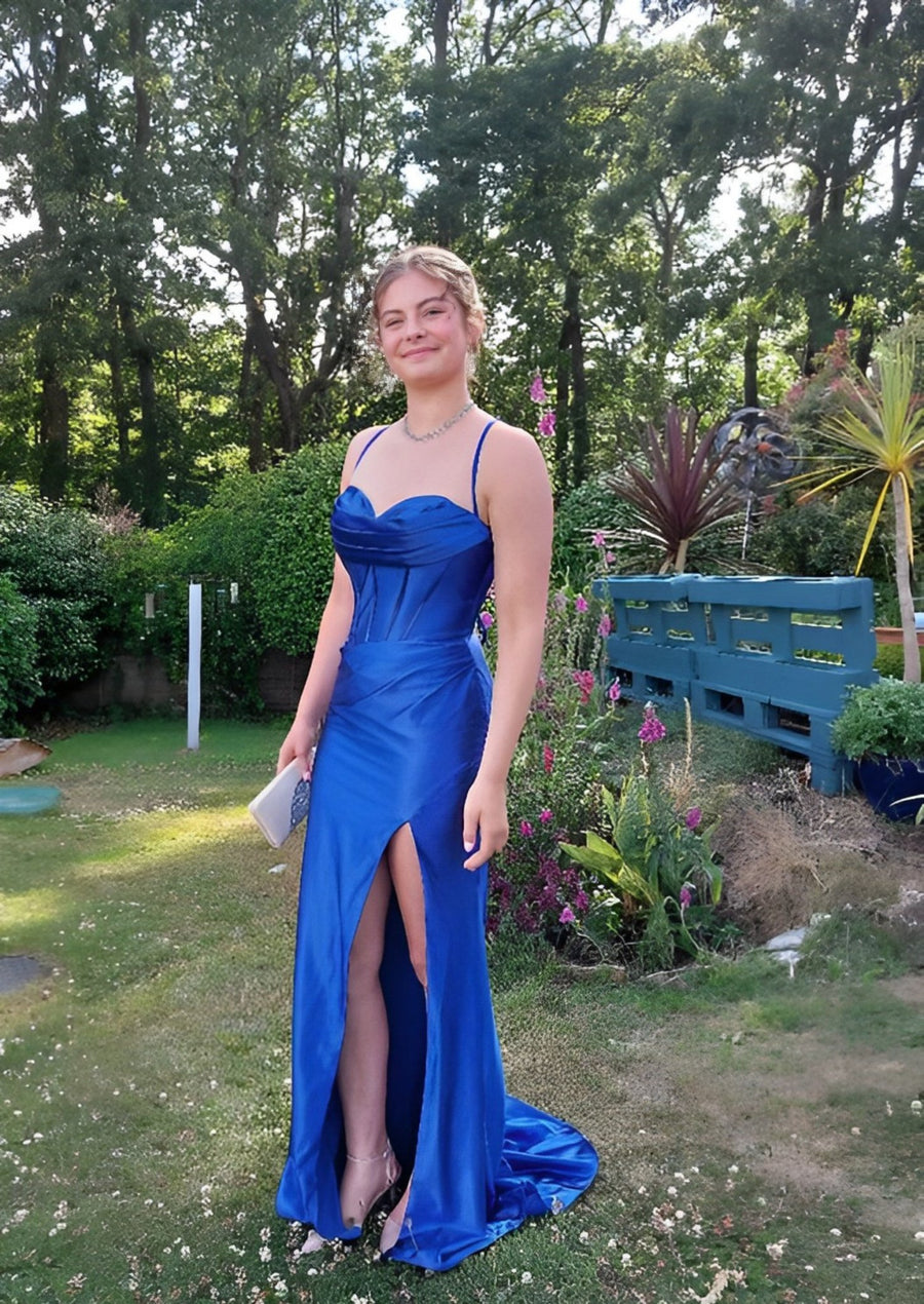 front view of corset satin prom dress