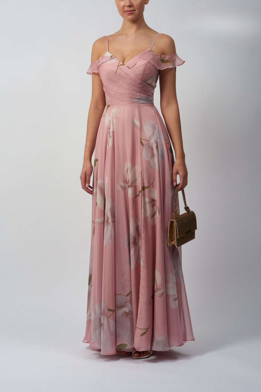 Mascara Chiffon Dress in apricot floral print with bardot tie-back and flowy silhouette, ideal for bridesmaids or wedding guests.