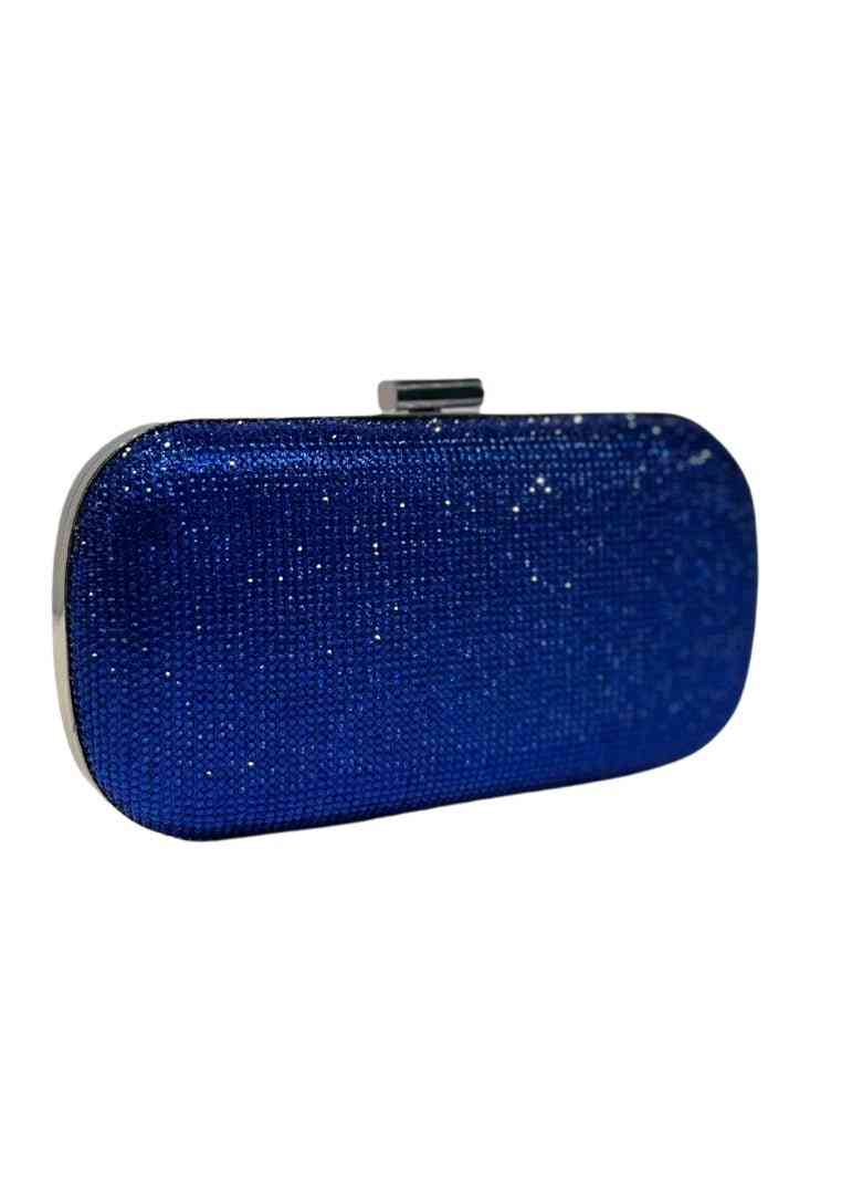 Royal Blue Clutch Bag with shimmering diamante detailing, perfect for evening wear and special occasions. Features a sleek rectangular design.