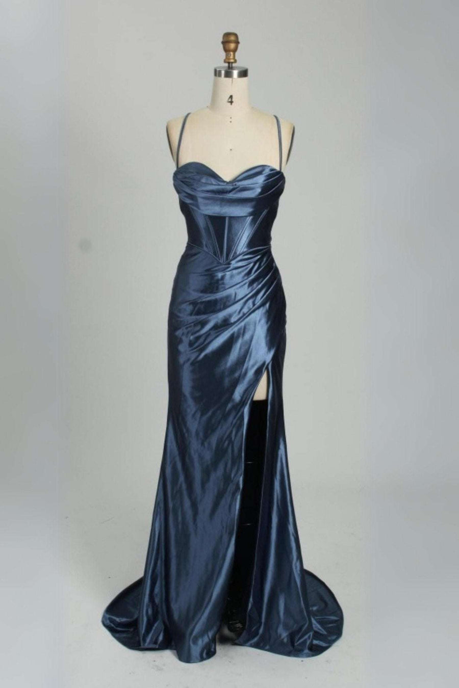 Ella Evening Dress - Dusty Blue satin gown with corset bodice, thigh-high split, and draped detailing. Features lace-up back and thin straps.