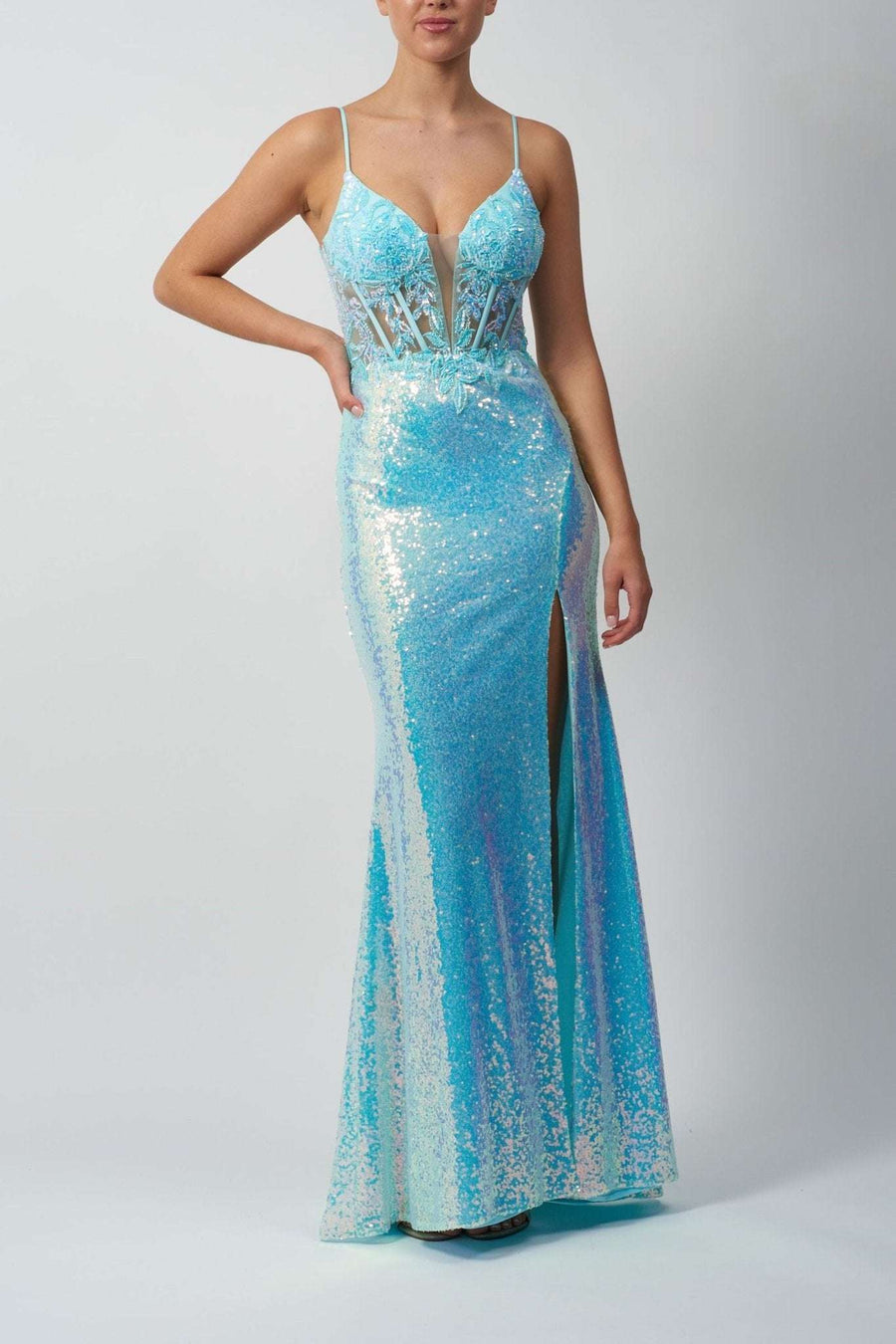 Mascara MC111321 Ice Blue Corset Sequin Evening Dress with sheer bodice, floral lace appliques, and thigh-high slit for prom or red carpet events.