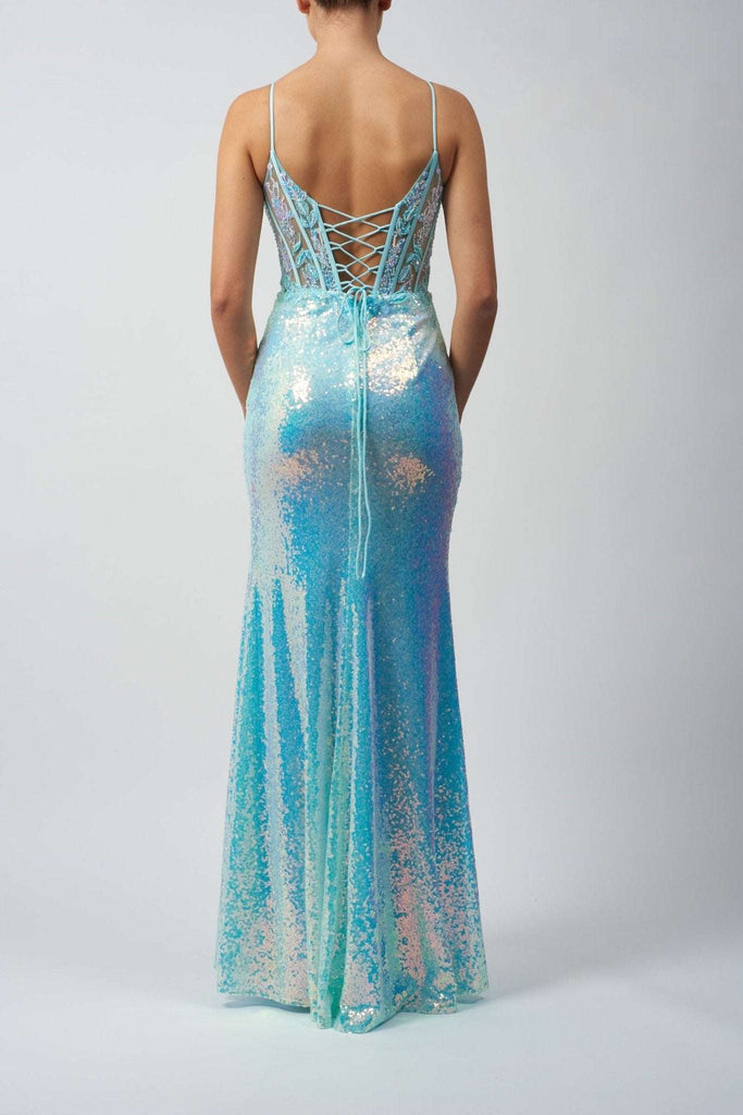 Mascara MC111321 Ice Blue Corset Sequin Evening Dress with lace-up tie back, shimmering sequins, and fitted silhouette for prom or red carpet events.