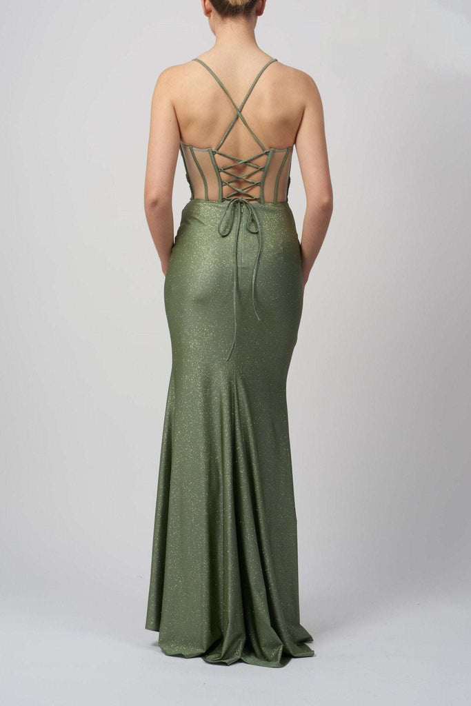 Mint Green Gown with corset lace-up back and glitter finish. Fitted silhouette and floor-length skirt ideal for prom or evening events.