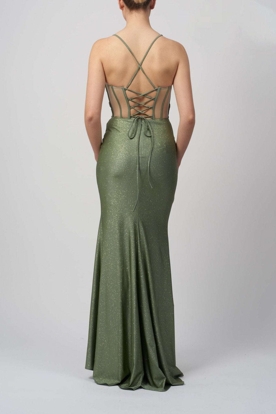 Mint Green Gown with corset lace-up back and glitter finish. Fitted silhouette and floor-length skirt ideal for prom or evening events.