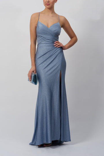 model in tight fitting baby blue glitter dress 