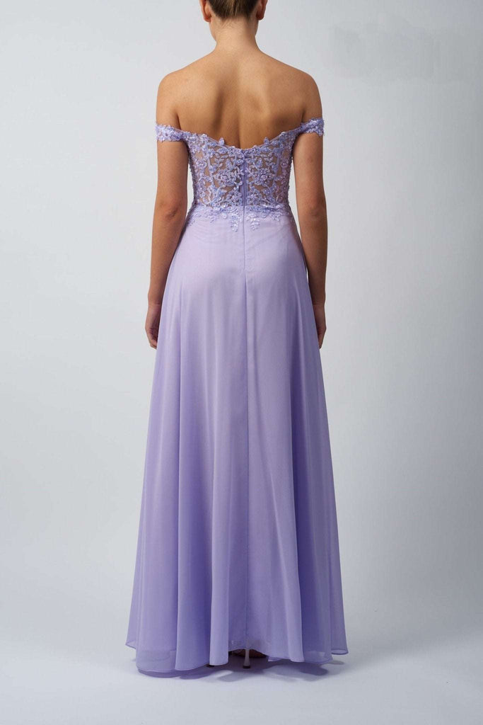 Back view of Mascara MC119311 Chiffon Mint Bardot Prom Dress featuring lace bodice, off-shoulder sleeves, and flowing chiffon skirt in lilac tone.