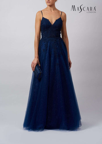 Navy London Ballgown Prom Dress with tulle overlay and sequin embellishments. Elegant silhouette ideal for weddings, proms, or formal events.