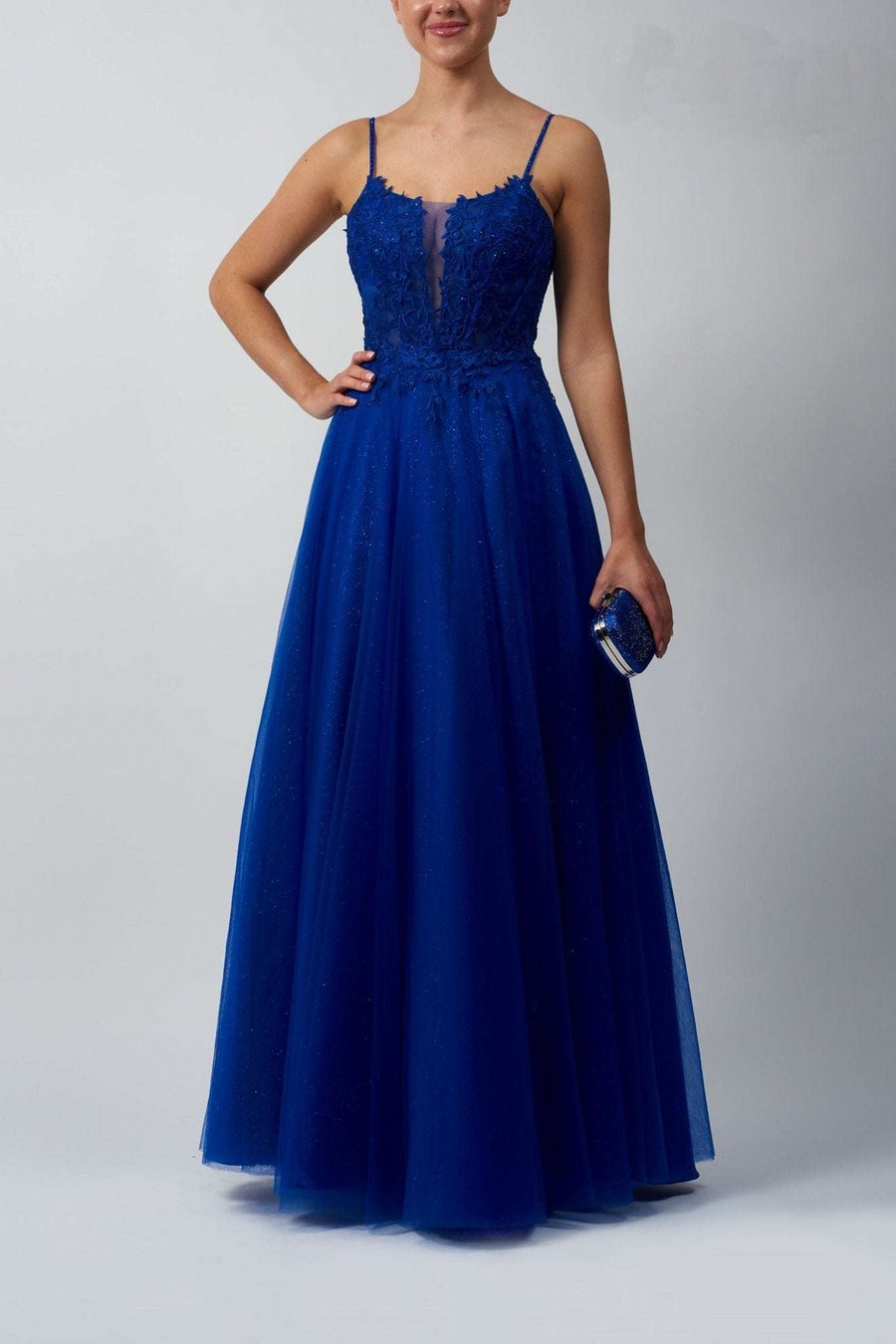 young lady in royal blue prom dress 