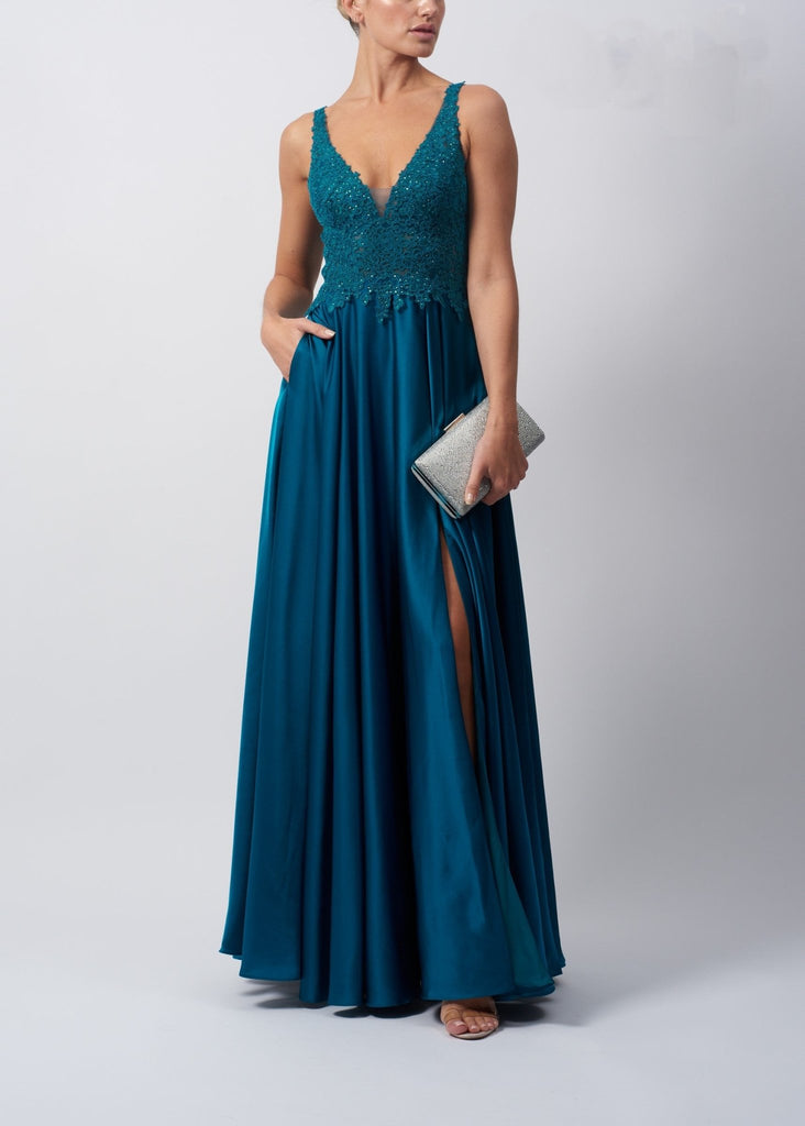 Petrol coloured prom satin dress