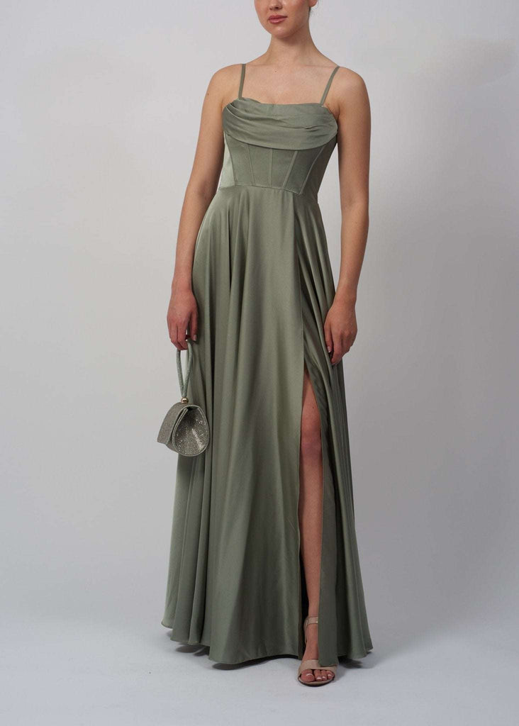 model in a khaki satin corset prom dress