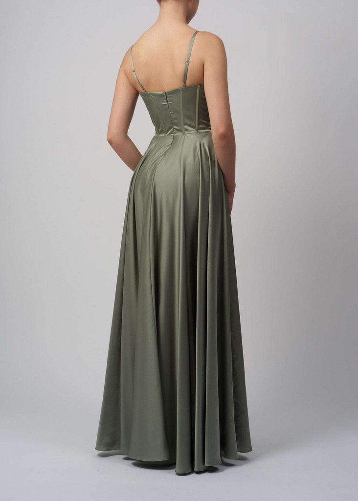 back view of a model in a satin khaki dress