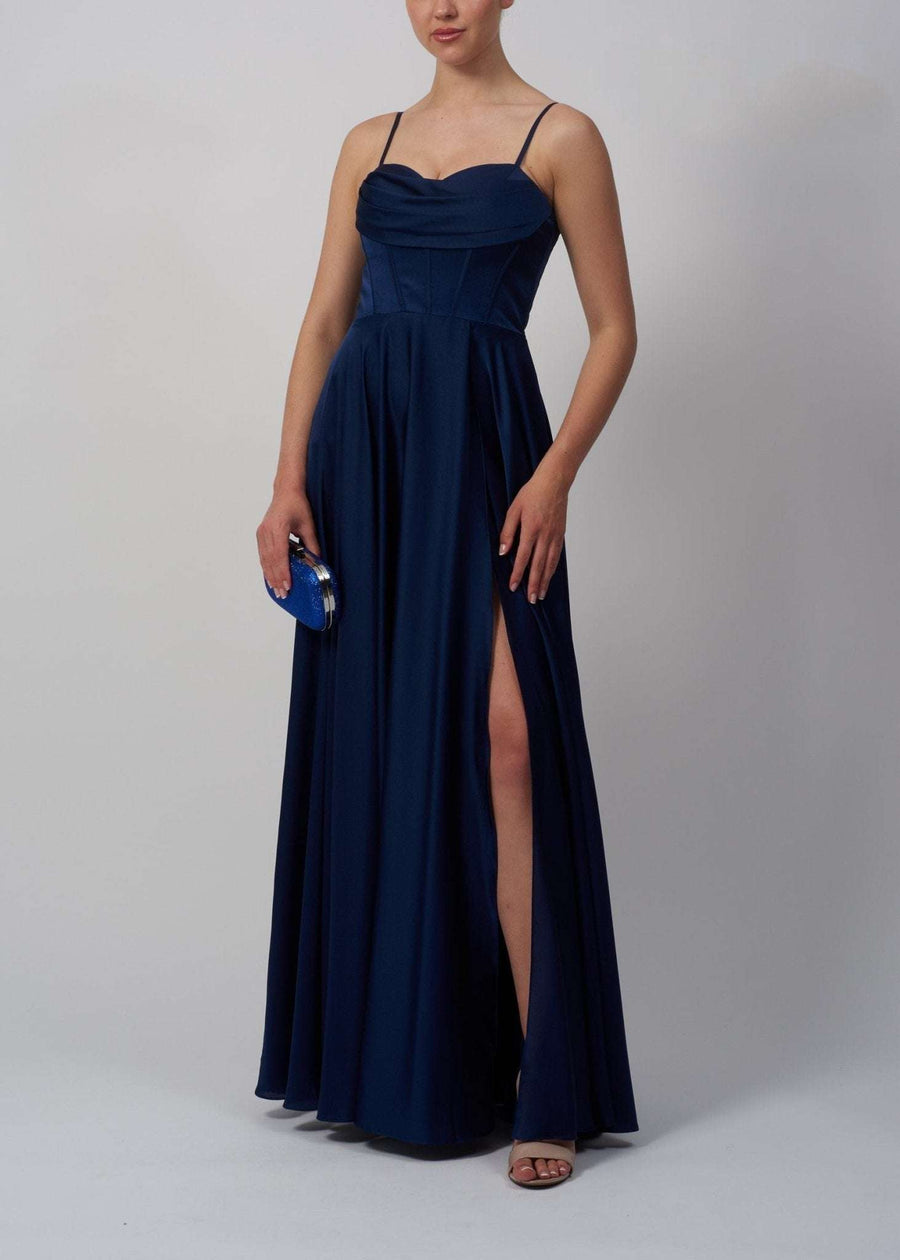 girl in navy prom corset dress