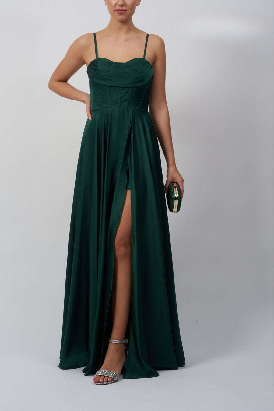 Mascara MC12314 Forest Green Satin Corset Prom Dress with sweetheart neckline, thigh-high slit, and spaghetti straps, ideal for formal events.