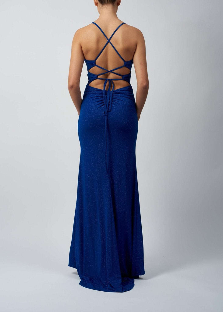 Back view of Baby Blue Peek a Boo Jersey Prom Dress by Mascara London