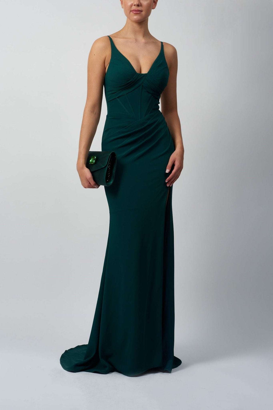 Mascara MC16326 Forest Green Fitted Gown with spaghetti straps and satin finish, ideal as a prom or formal dress for red carpet events.