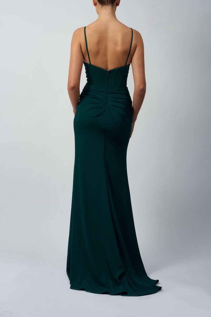 Back view of Mascara MC16326 satin fitted prom dress with spaghetti straps and ruched detailing. Elegant slim-fit gown for formal occasions.