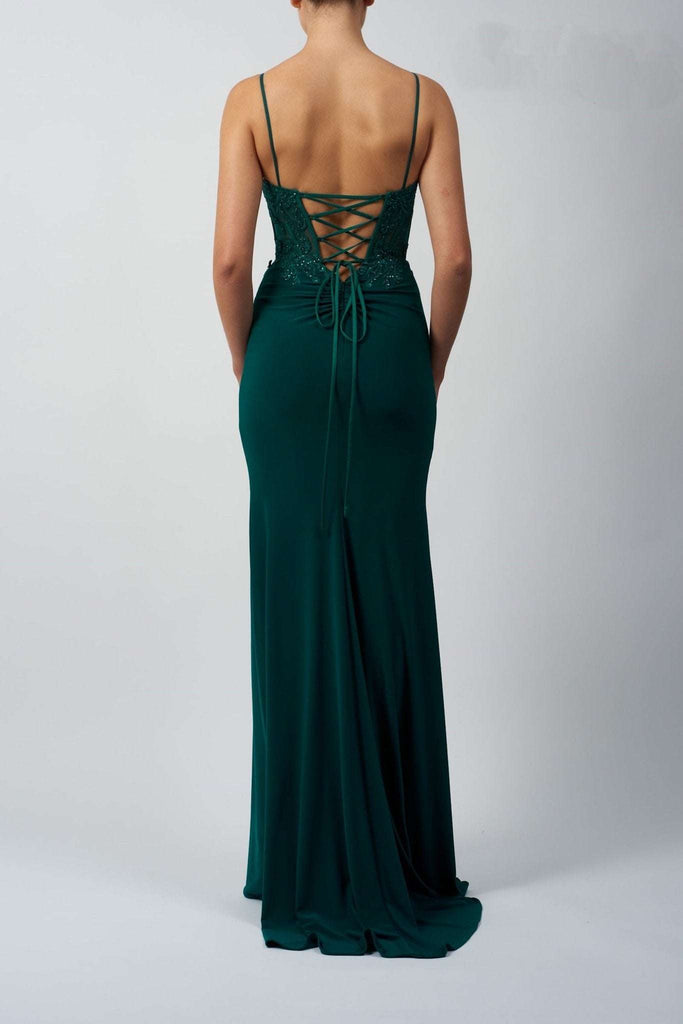 Mascara MC18328 prom dress with a corset bodice and string tie back, featuring a slim fit and floor-length silhouette for formal events.