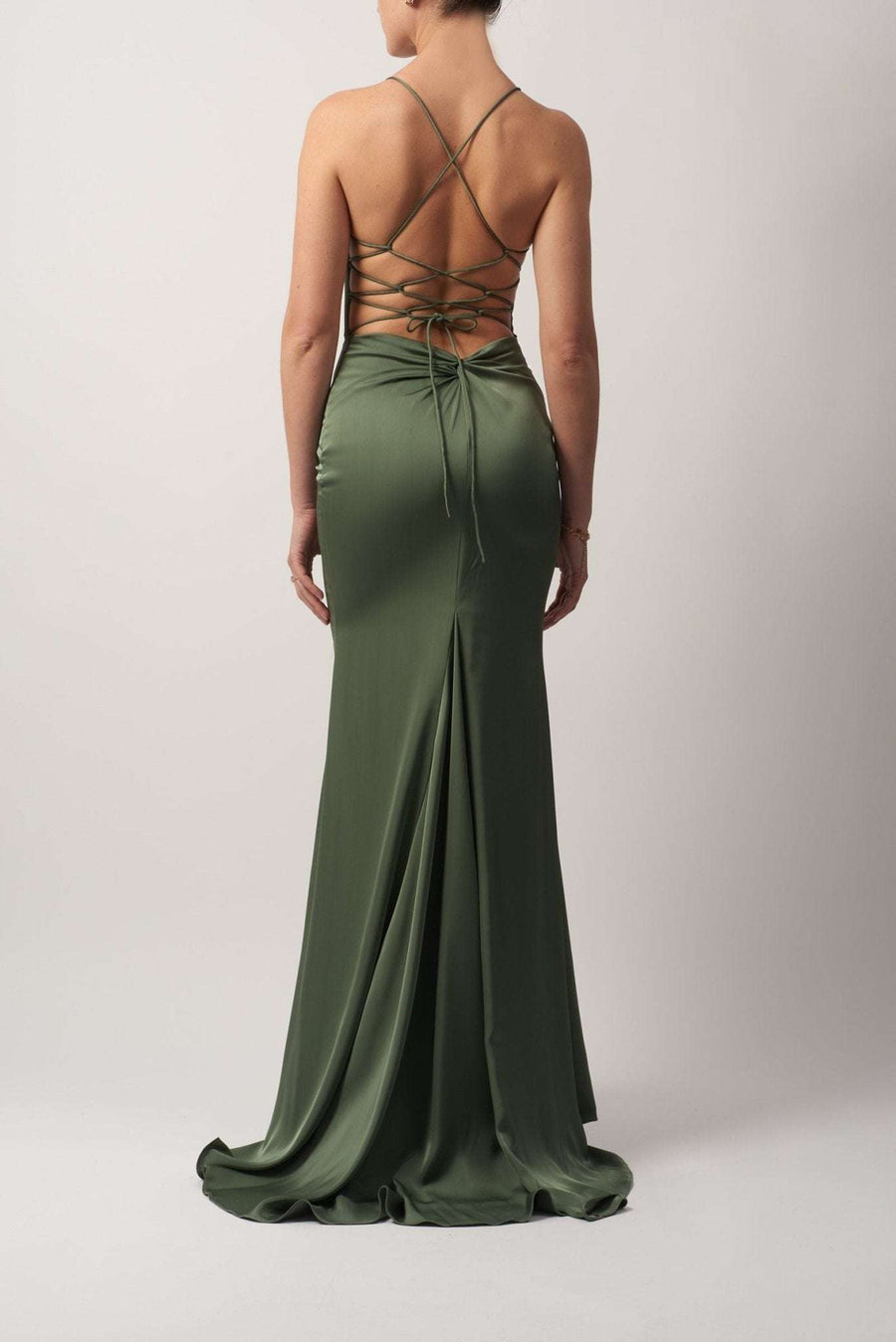 Back view of Steele Blue Satin Dress Mascara MC192017 with lace-up open back and floor-length drape, perfect for prom or evening events.