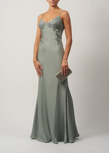 Sage Satin Slip Embellished Long Gown MC192046