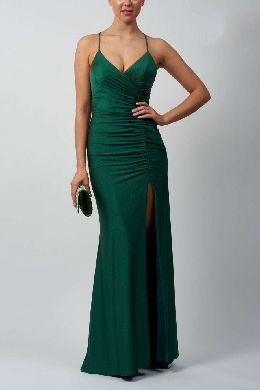 Forest Green Jersey Tie Dress with rouched bodice and thigh-high slit, featuring a fitted silhouette and tie back design for formal occasions.