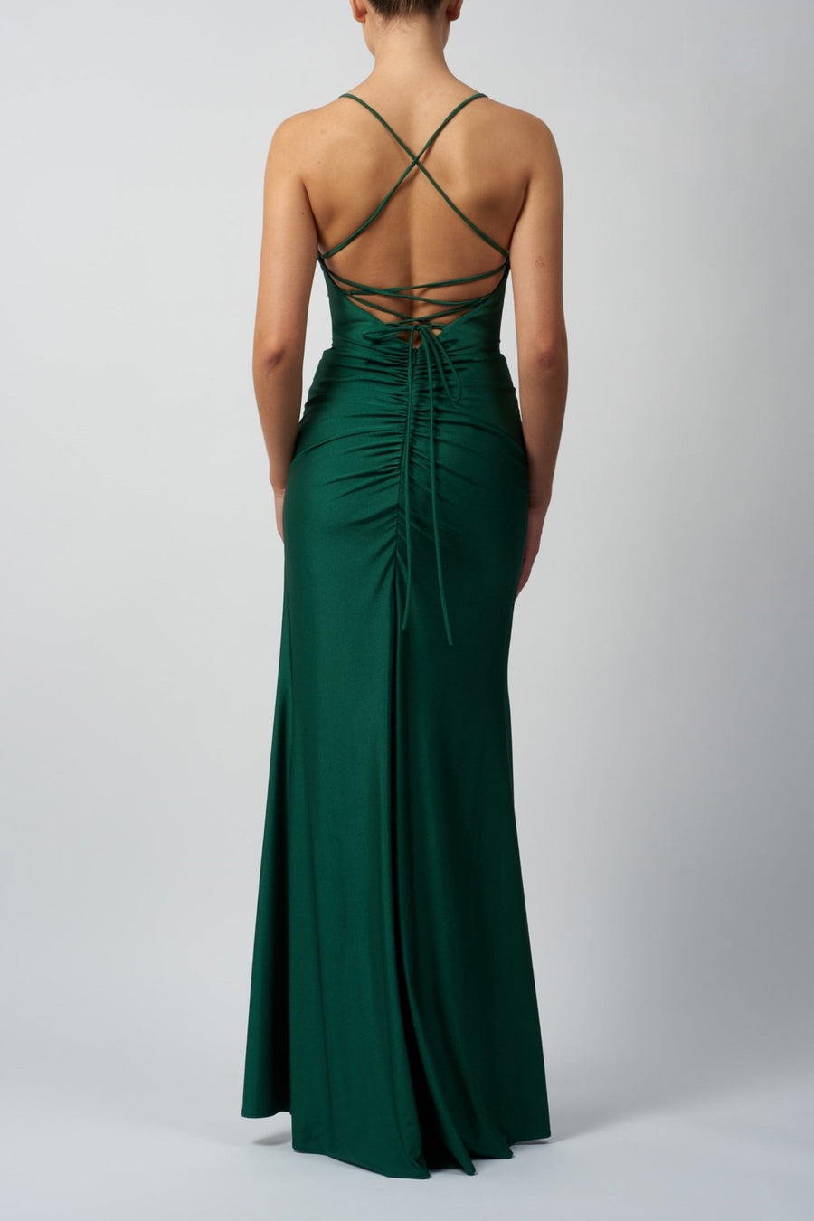 Mascara MC213326 - Wine Jersey High Split Dress shown from back, featuring crisscross tie back and ruched detailing, ideal for formal events.