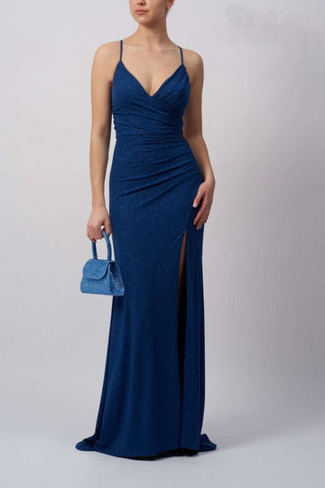 Front view of Airforce Blue Lace Up Back Glitter Jersey Dress MC22323, showcasing the elegant design and glittery fabric