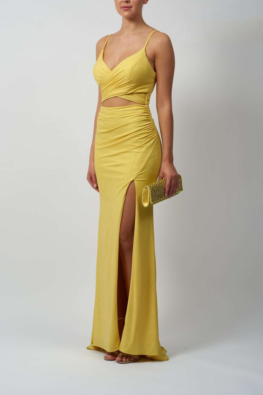 Canary Yellow Mascara MC22328 Mock Twin Glitter Dress with high leg split and ruched waist, perfect for red carpet or evening events.